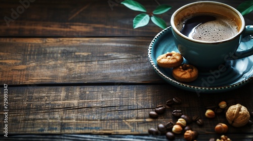 Delicious coffee with nuts and cookies on rustic wooden table.