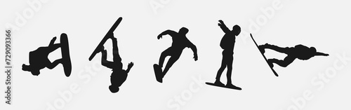 Vector set silhouettes of skysurfing. Extreme sport, sky dive. Isolated on white background.