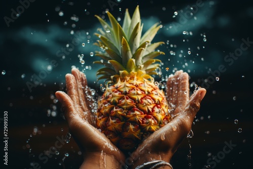 A fresh pineapple in his hands and water is pouring on it on a black background photo