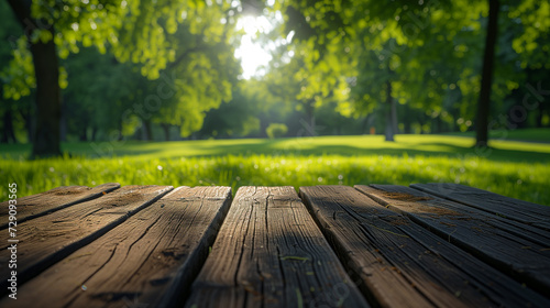 Wooden planks of a boardwalk lead into a sunlit, lush green park, conveying a serene, natural environment for relaxation and leisure