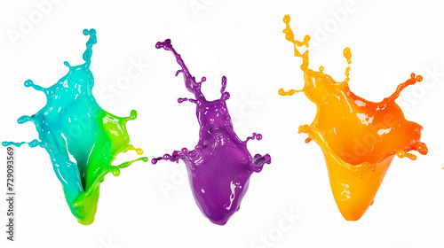 Three vibrant paint splashes in cyan, magenta, and yellow isolated on a white background, representing a concept of creativity or color dynamics