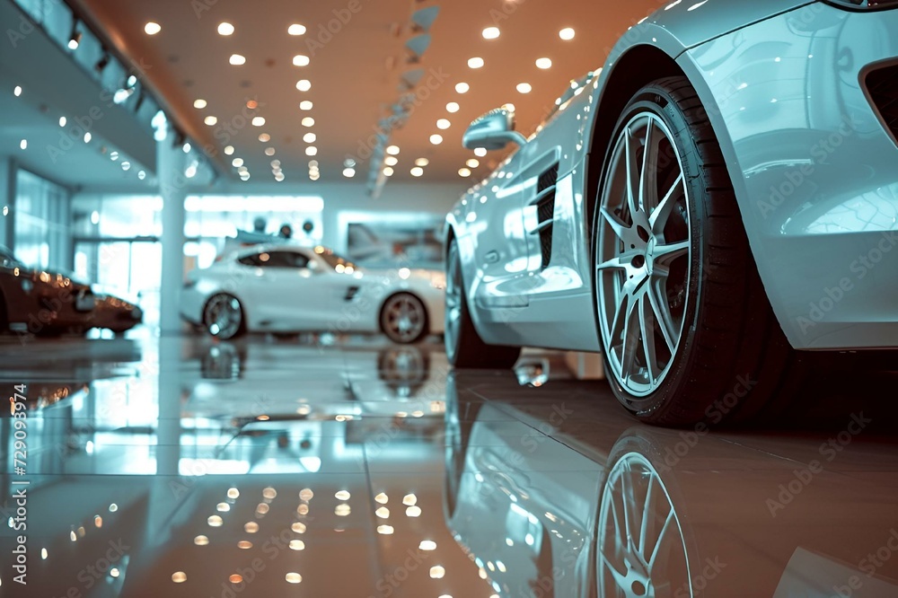 AI-generated illustration of a luxury car in a showroom with a reflective floor