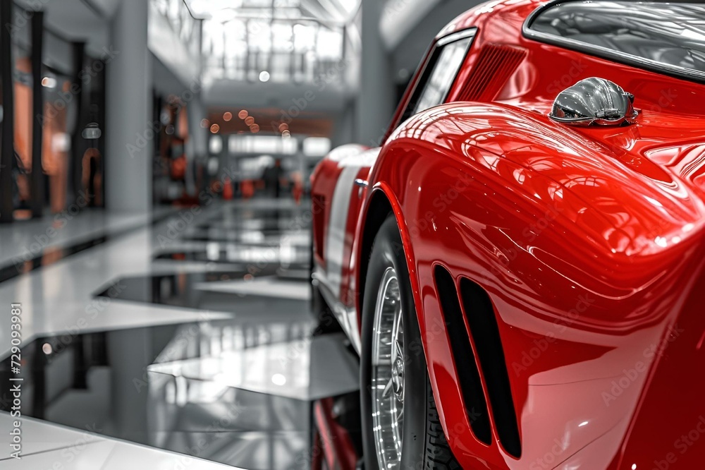 AI-generated illustration of a luxury red car in a showroom with a reflective floor