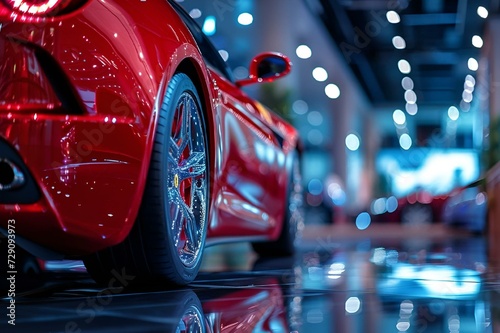 AI-generated illustration of a luxury red sports car in a showroom with a reflective floor