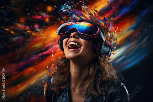 New generation happy woman using VR headsets to immerse inton ew VR gaming worlds.Smart Glasses. Surreal world and virtual reality, colorful flowers fields.