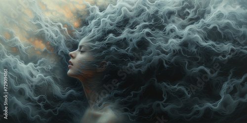 Woman surrounded by clouds, depression, trauma, loneliness and mental health, brain fog by dementia, social issue and shyness 