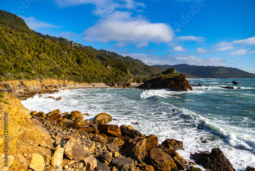 scenic west coast of new zealand south island  paradise beaches with large cliffs and little islands surrounded by rainforest covered mountains  paparoa national park near greymouth and westport © Jakub