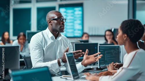 Experienced Educator Delivering Software Engineering Talk to Multicultural College Pupils. Global Undergrads Seated at Desks with Laptops.