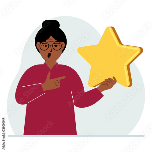 The woman is holding a star. Service rating or positive user rating. Consumer review of the product. Feedback.