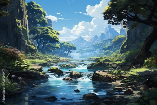 Water fall water flow fresh view anime style cartoon