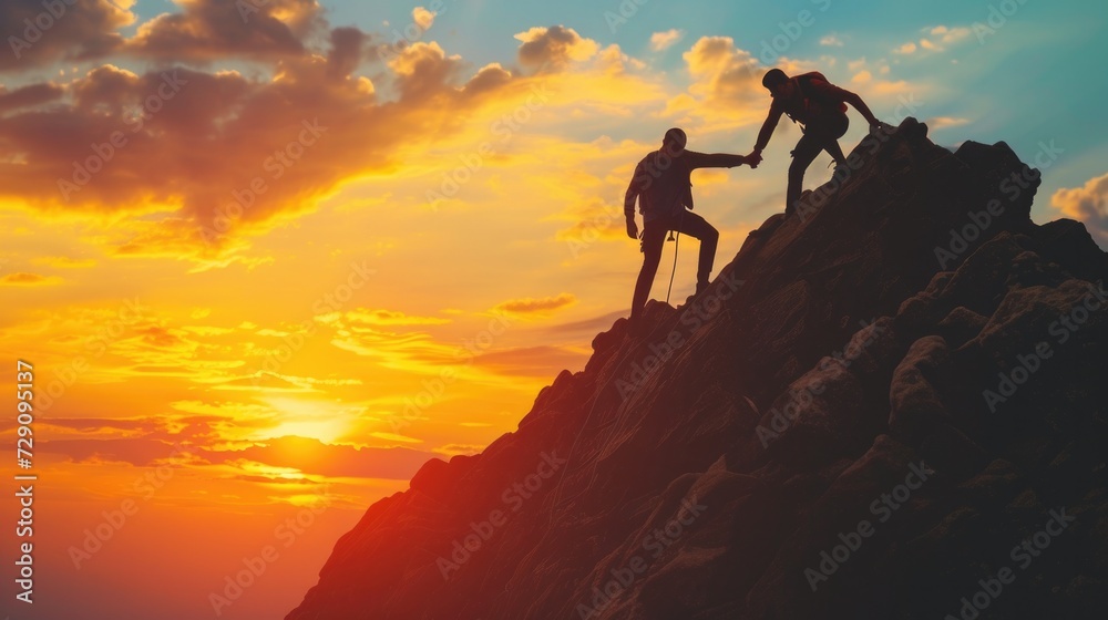 Two men holding hands helping each other climb to the top of the mountain together. Sunset silhouette Two men holding hands helping each other climb to the top of the mountain together. Sunset silhouette