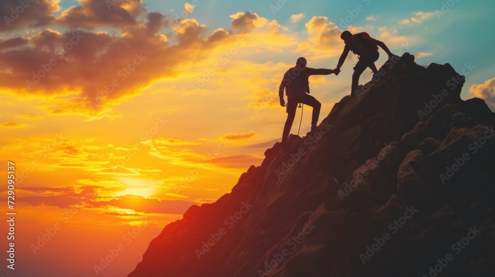 Two men holding hands helping each other climb to the top of the mountain together. Sunset silhouette