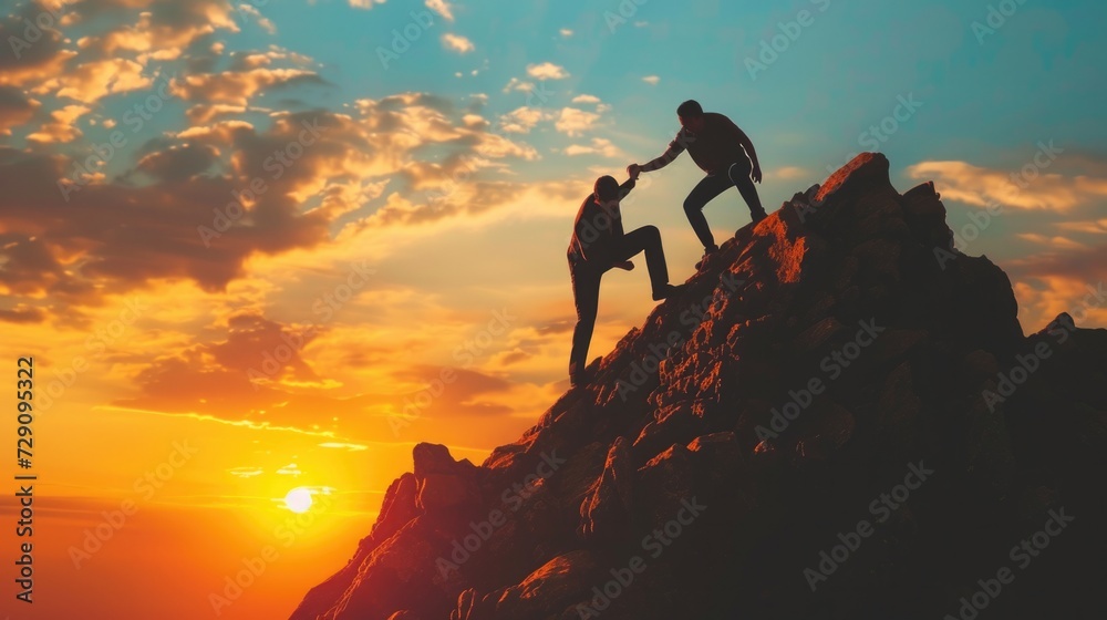 Two men holding hands helping each other climb to the top of the mountain together. Sunset silhouette