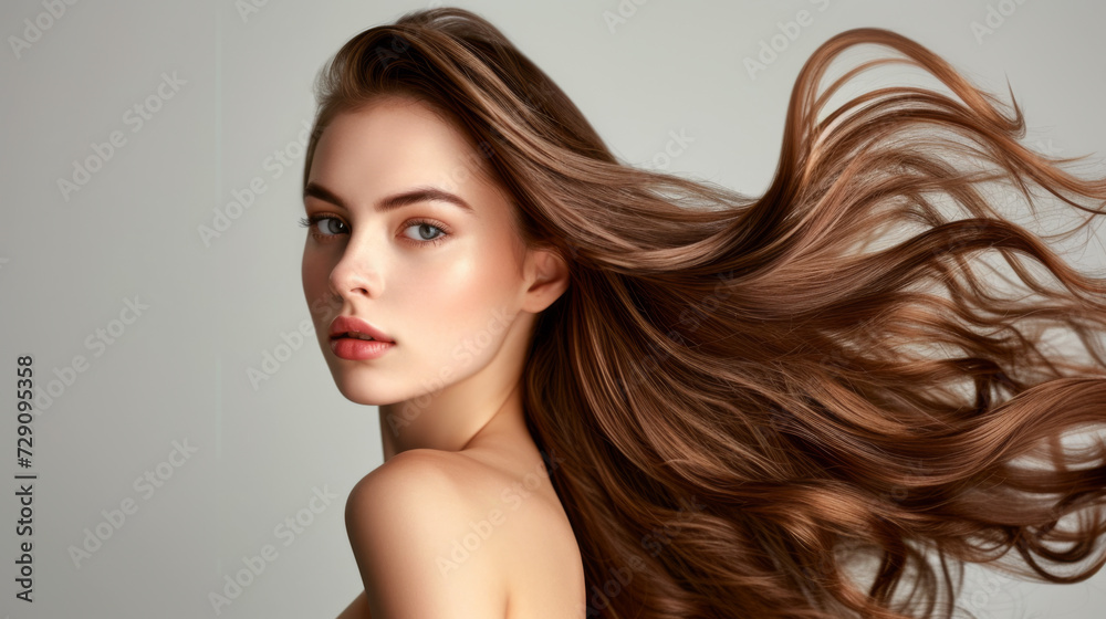 Naklejka premium profile portrait of a woman with flowing, wavy brown hair, showcasing a natural makeup look and healthy, radiant skin.