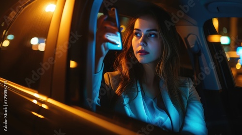 Beautiful young businesswoman traveling with car on a business trip during night while sitting in a back seat and using a smartphone. Gorgeous female using mobile phone to send email or messages