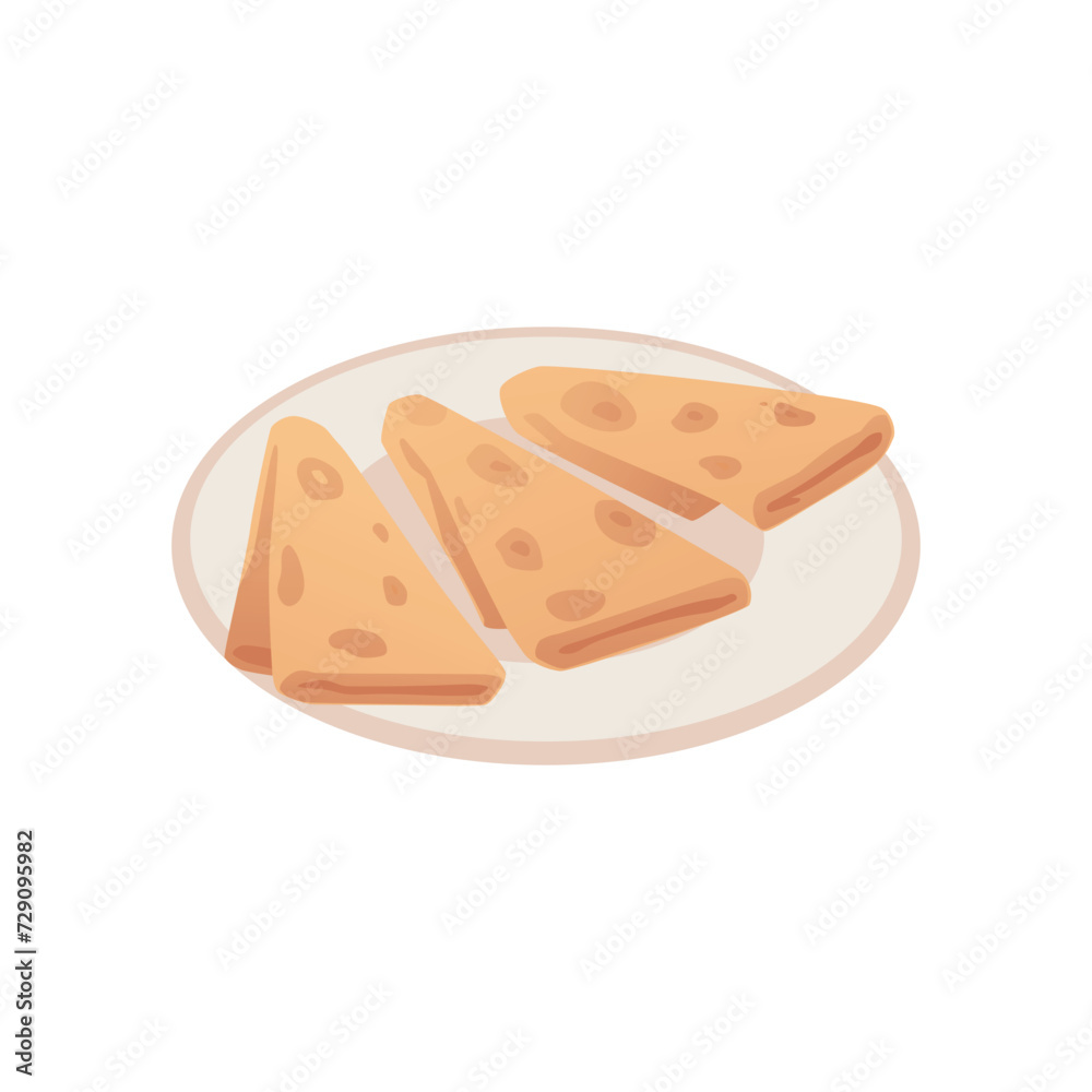 Thin pancakes on plate, cartoon three thin pancakes folded into a triangles, vector delicious baking food, sweet dessert Thin pancakes on plate, cartoon three thin pancakes folded into a triangles, vector delicious baking food, sweet dessert