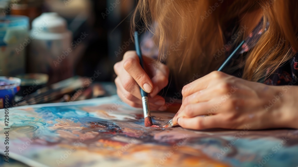 close-up perspective of a female illustrator passionately creating a new artwork, utilizing various hues and a brush. close-up perspective of a female illustrator passionately creating a new artwork, utilizing various hues and a brush.
