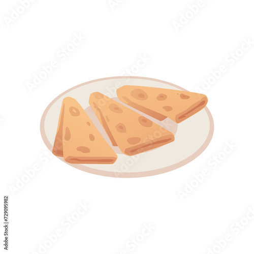 Thin pancakes on plate, cartoon three thin pancakes folded into a triangles, vector delicious baking food, sweet dessert
