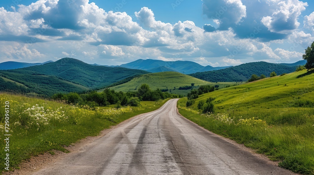 country road and green mountains in summer.
