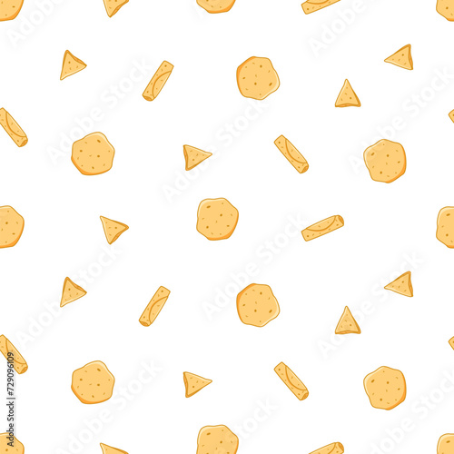 Seamless pattern of thin pancakes. Vector illustration whole pancake, a pancake rolled into a roll with stuffing and a folded triangle.