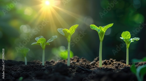 Young seedlings emerging from the soil In the form of green leaves There's bright morning light. Abstract style, high quality