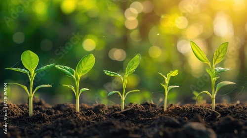 Young seedlings emerging from the soil In the form of green leaves There's bright morning light. Abstract style, high quality