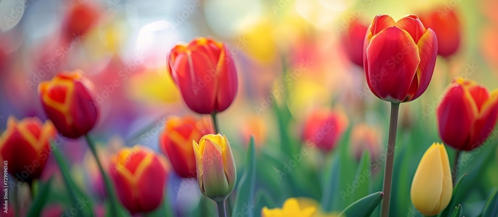 Shallow depth of field captures red and yellow tulip flowers in spring. Shallow depth of field captures red and yellow tulip flowers in spring.