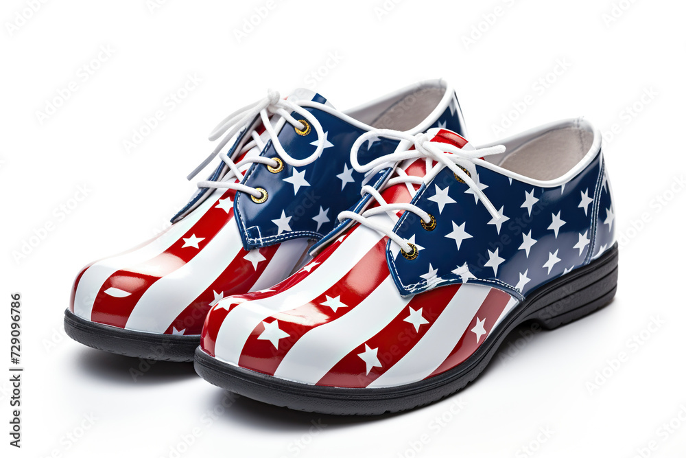 Lace-up boots in the colors of the US flag on a white background. Generated by artificial intelligence Lace-up boots in the colors of the US flag on a white background. Generated by artificial intelligence