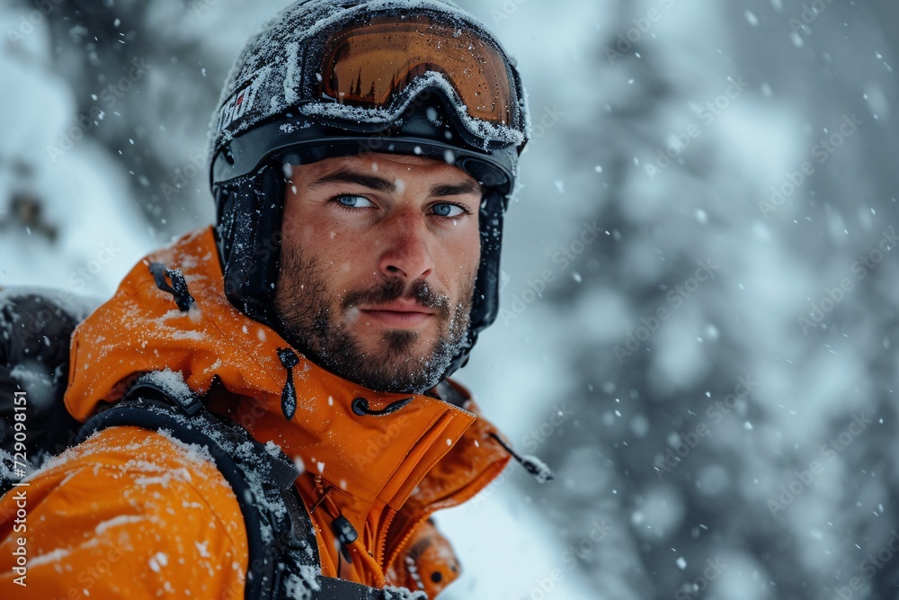 Snowy Skier in Orange Snowsuit Generative AI Snowy Skier in Orange Snowsuit Generative AI