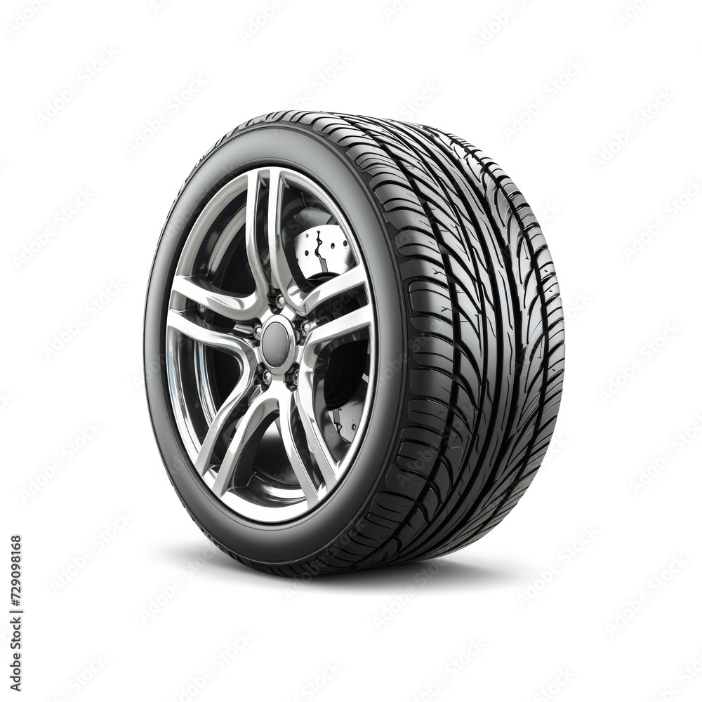Car tire with modern alloy wheel isolated on white background, side view with shadow.