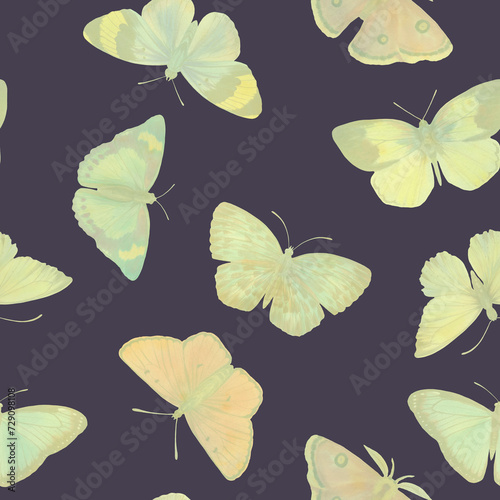 yellow butterflies, hand drawn illustration, seamless pattern on a dark background. © Sergei