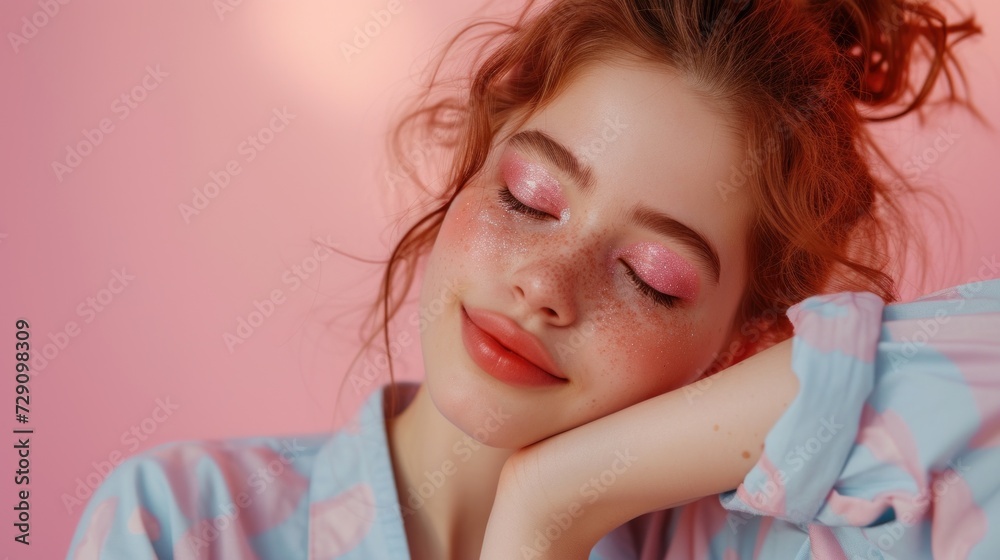 A red-haired woman's captivating gaze meets the camera, showcasing her beauty in a makeup-enhanced studio portrait. A red-haired woman's captivating gaze meets the camera, showcasing her beauty in a makeup-enhanced studio portrait.