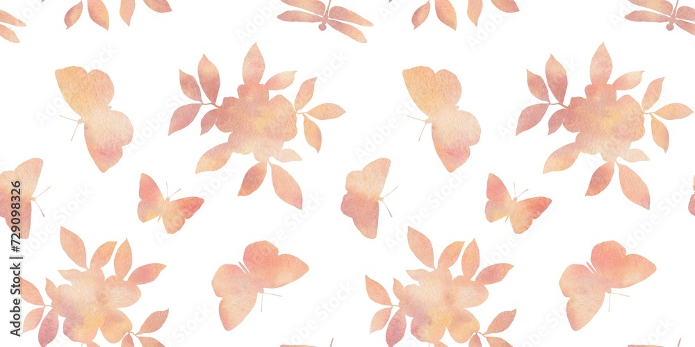 colorful watercolor pattern, seamless flowers and butterflies on a white background