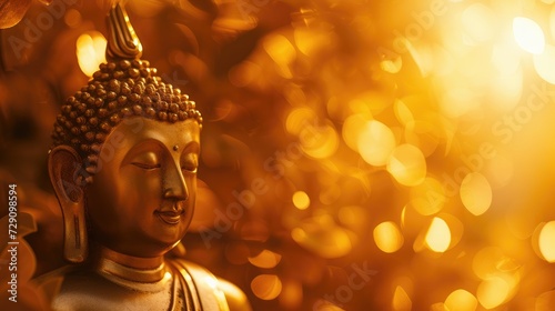 Makha Asanaha Visakha Bucha Day Golden Buddha image. Background of Bodhi leaves with shining light. Soft image and smooth focus style © buraratn