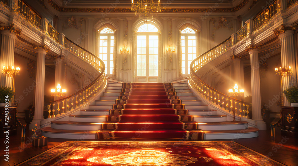 Grand palace staircase, blending luxury and history with elegant marble steps, ornate red carpet, and lavish decor in a majestic architectural setting