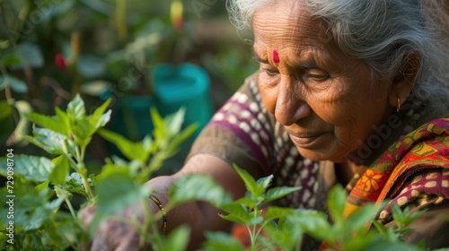 Horizontal portrait of a senior harvesting greenery.