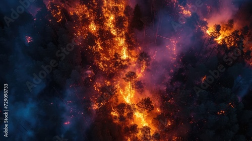 Night fire in the forest with fire and smoke.Epic aerial photo of a smoking wild flame.A blazing,glowing fire at night.Forest fires.Dry grass is burning. climate change,ecology.Line fire in the dark.