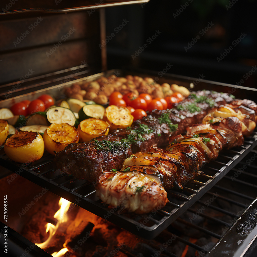 Steaks, racks of lamb, shell prawns, scallops, etc. There are being grilled on the barbecue. Close-up view