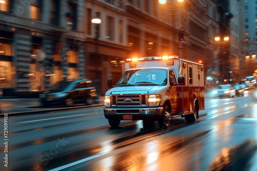 Ambulance responding to emergency call driving fast on street