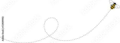 Flying bee route. Cartoon bee icon. Bee flying on a dotted route isolated on the white background. Vector illustration