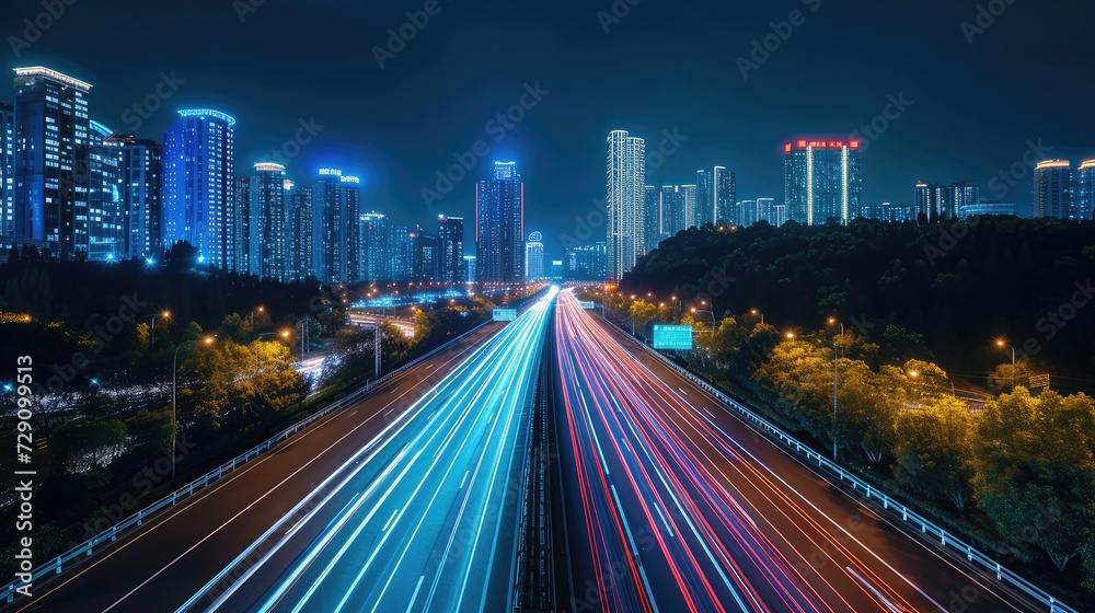 Straight asphalt highway passing through the city above in Hangzhou at night