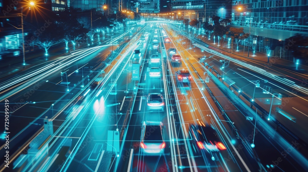 Smart transport technology concept for future car traffic on road . Virtual intelligent system makes digital information analysis to connect data of vehicle on city street . Futuristic innovation