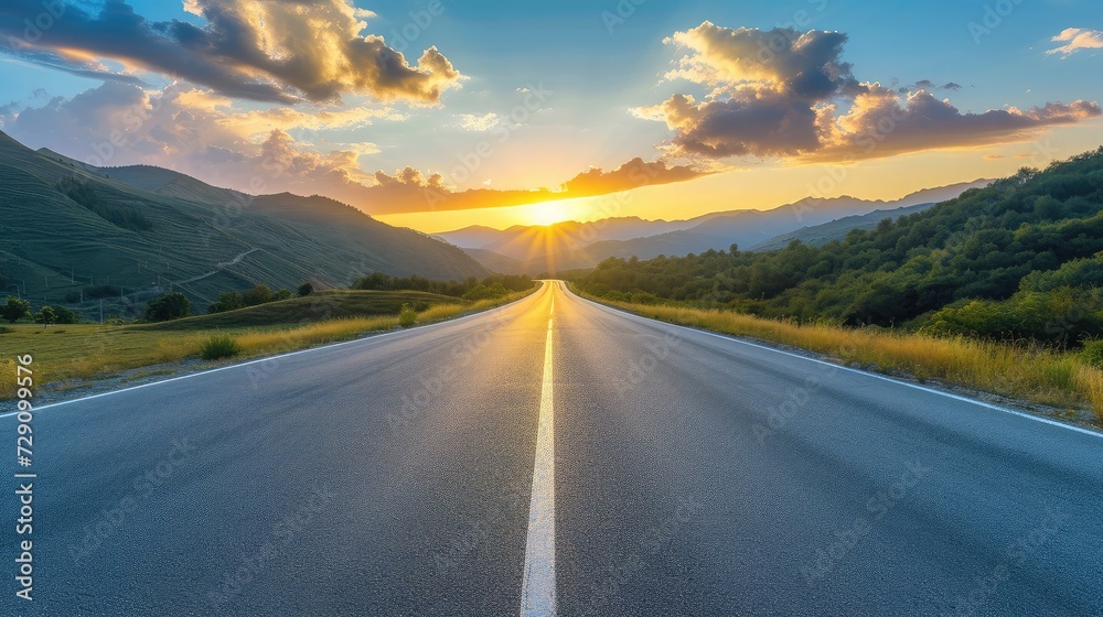 Straight asphalt road and mountain with sky clouds background at sunset