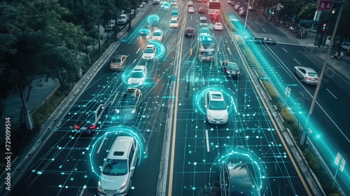 Smart transport technology concept for future car traffic on road . Virtual intelligent system makes digital information analysis to connect data of vehicle on city street . Futuristic innovation photo