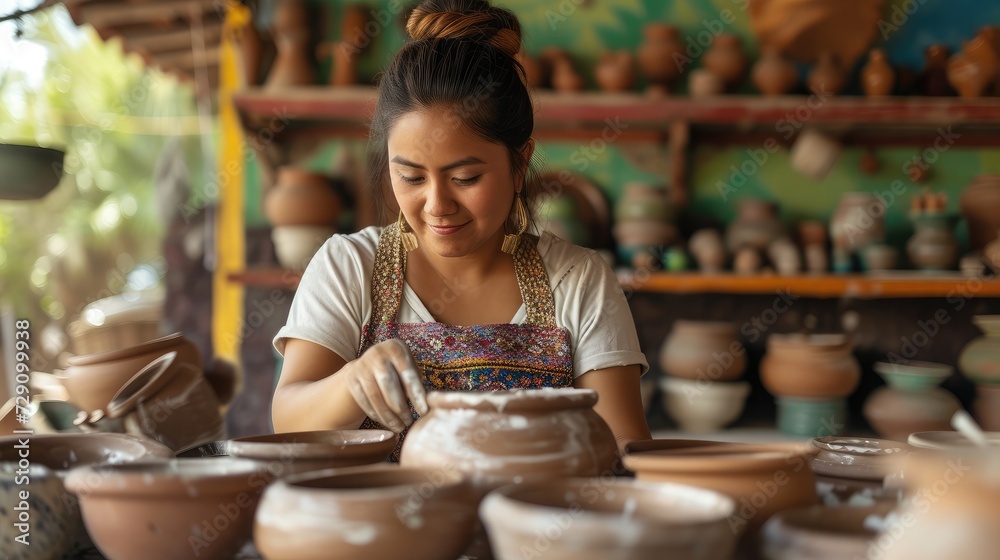 Young hispanic woman working in ceramic business and producing pottery items. Small business and entrepreneurship in art in Mexico Latin America