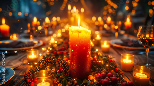Festive Christmas scene with decorative candles, creating a warm and inviting holiday atmosphere with glowing lights and traditional red accents