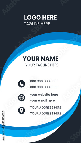 Individual business lard layout with blue Accents. Abstract-style professional corporate business card template, blue and dark black color design print template, creative company card template.