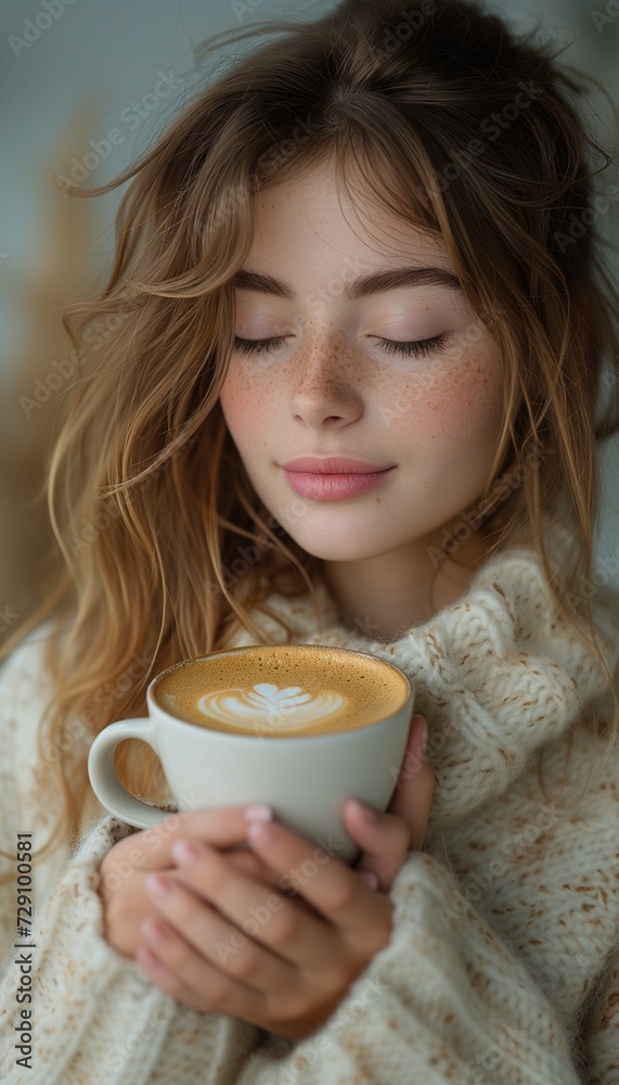 Young Woman Delighting in the Aroma of Freshly Brewed Coffee Against a White Backdrop Young Woman Delighting in the Aroma of Freshly Brewed Coffee Against a White Backdrop
