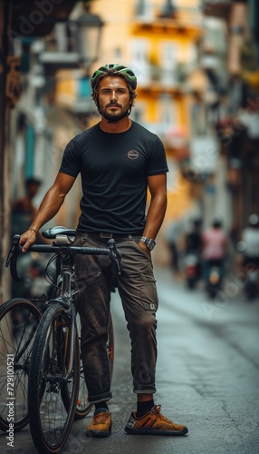 Sunny Urban Ride: Cyclist in Black and Green Gear Against Cityscape, Orange Sneakers Popping