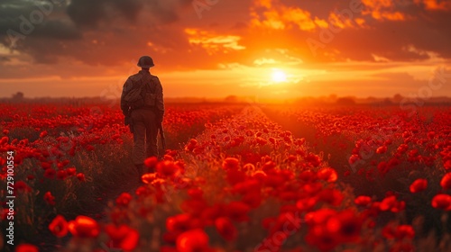 Warrior in Camouflage Stands in a Field of Red Poppies During a Sunset Generative AI